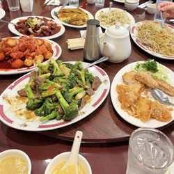 Flourishing Chinese Seafood Restaurant - Chicken corn soup, beef and broccoli, noodles, fried rice, egg foo young, sweet and sour pork and chicken