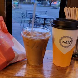 Olympia Coffee - 3!!! Iced Vanilla Oatmilk Latte, Brewed Coffee, Carrot Cake