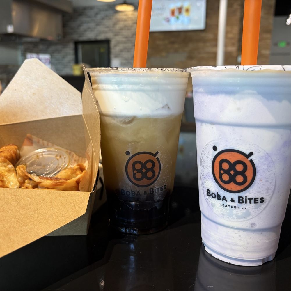 Boba and Bites - Jasmine with sea foam and boba, Ube QQ, and Gyoza - Bubble Tea Near Me - Bellingham, Washington