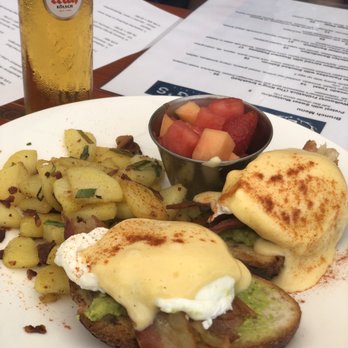 Ludwig's Biergarten - Bacon Benedict with potatoes and fruit - German Near Me - Mountain View, California Ludwig's Biergarten - Bacon Benedict with potatoes and fruit - German Near Me - Mountain View, California