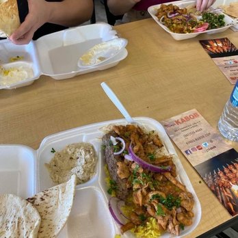 Kings Kabob - Beef schwarma, kofta lula, chicken kabob, beef kabob (on Angel rice and yellow rice), tabouli, baba ganoush, garlic sauce (Toum) - Mediterranean Near Me - Palmdale, California