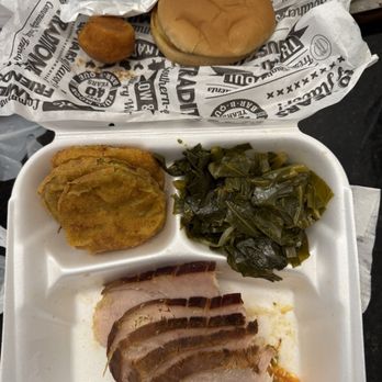 Full Moon BBQ - Smoked Turkey with collard greens and fried green tomatoes - Southern Near Me - Huntsville, Alabama
