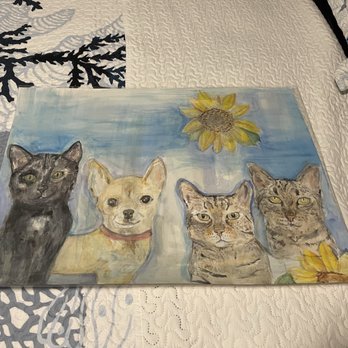 Sarizzy Art Studio - Our kitties and dog with two sunflowers. From left to right - Caviar, Lexi, Prince and Espie. - Art Classes Near Me Sarizzy Art Studio - Our kitties and dog with two sunflowers. From left to right - Caviar, Lexi, Prince and Espie. - Art Classes Near Me