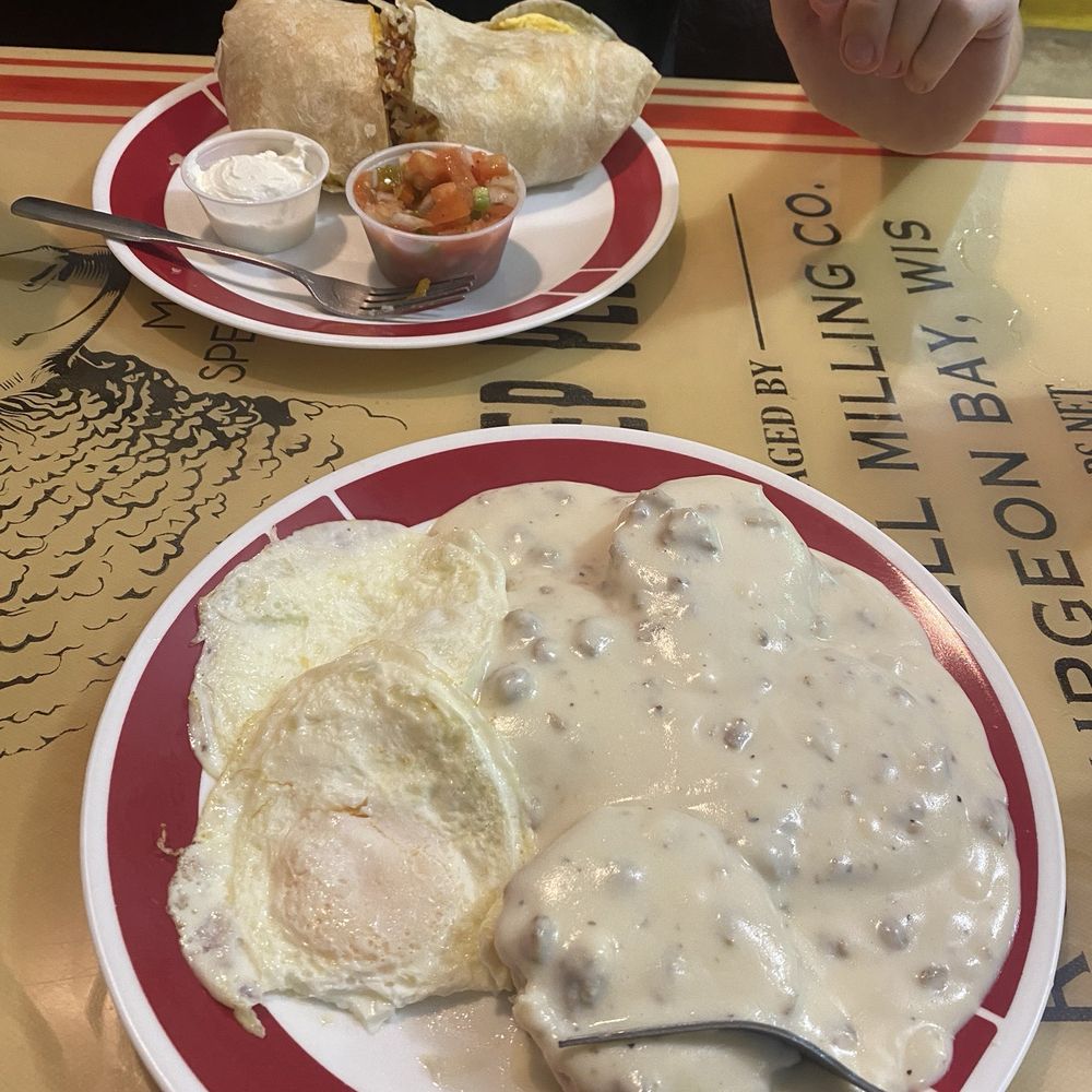 Biscuits and gravy as well as breakfast burrito