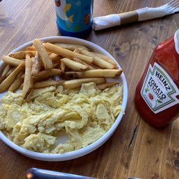 Kids' scrambled eggs. You could get fries, hash browns or fruit. Kids' scrambled eggs. You could get fries, hash browns or fruit.