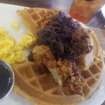 The Buttered Biscuit - Springdale - Chicken and waffles with bacon jam and side of scrambled eggs. - Breakfast & Brunch Near Me - Springdale, Arkansas The Buttered Biscuit - Springdale - Chicken and waffles with bacon jam and side of scrambled eggs. - Breakfast & Brunch Near Me - Springdale, Arkansas