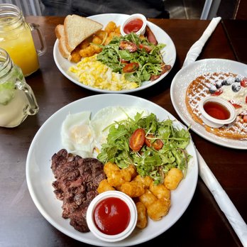 The Sweet Sap - Three eggs any style, Hangar steak & eggs, and Buttermilk waffles - New American Near Me - Flushing, New York