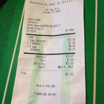 Rockin' S Bar & Grill - Graham - The check. - American Near Me - Graham, Texas