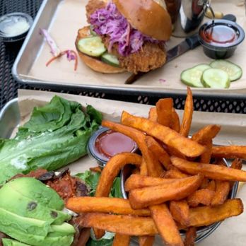BRGR Bar - Turkey Burger (bottom, w/ lettuce bun & sweet potato) Chicken Burger top - Burgers Near Me - Portsmouth, New Hampshire BRGR Bar - Turkey Burger (bottom, w/ lettuce bun & sweet potato) Chicken Burger top - Burgers Near Me - Portsmouth, New Hampshire