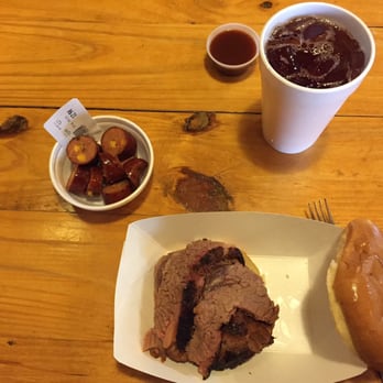 Doc's BBQ - Brisket sandwich and jalapeño cheese sausage. Yummy. - Barbeque Near Me - Crockett, Texas