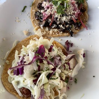 Seabirds Kitchen - Beer battered avocado taco and mushroom taco. - Vegan Near Me - Costa Mesa, California