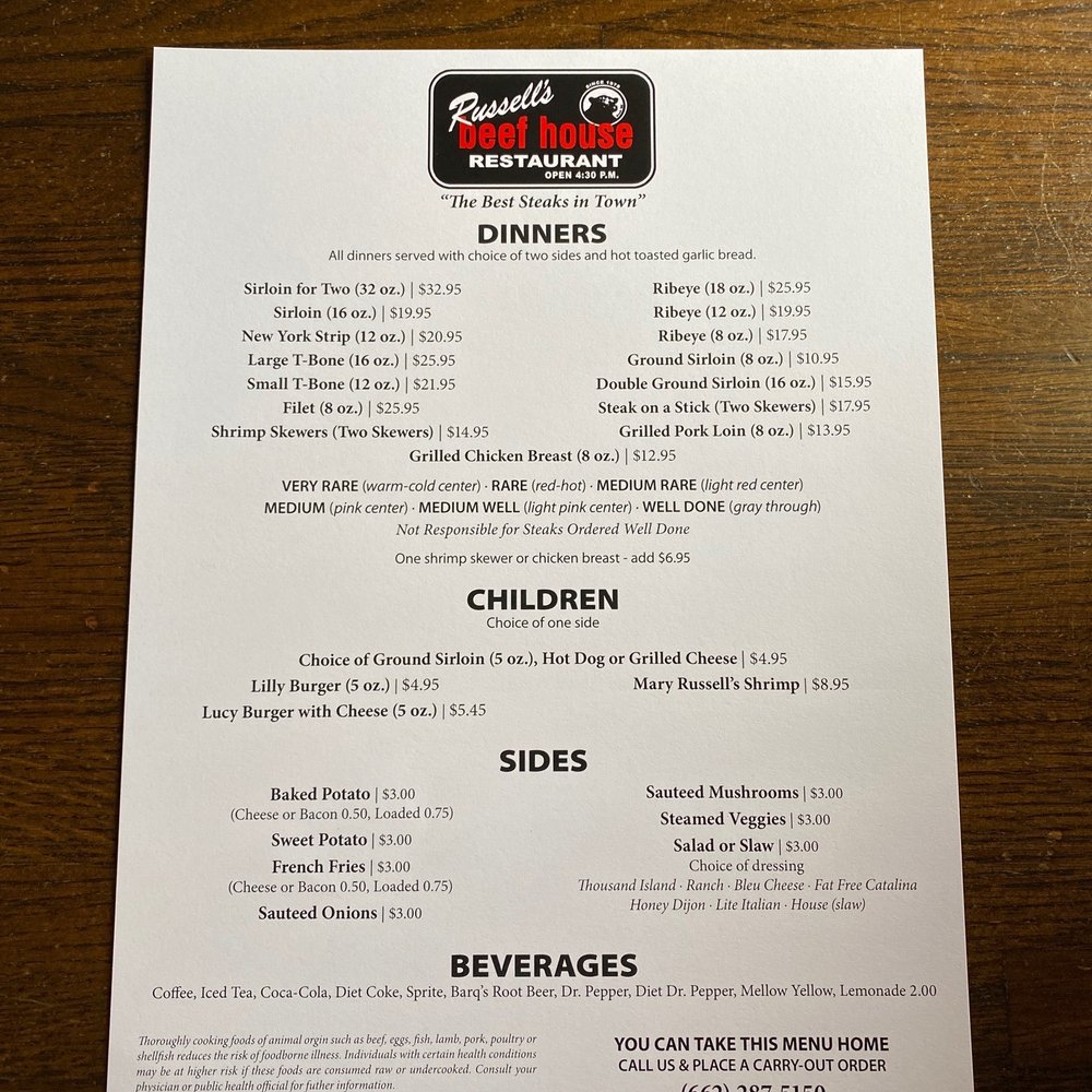 Russell's Beef House Restaurant - Restaurant Menu - Steakhouses Near Me - Corinth, Mississippi