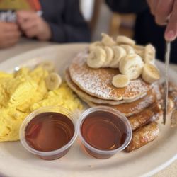 Mr. Rosewood Family Restaurant - Quick Combo (chose banana nut pancakes, scrambled eggs, and sausage to share with our toddlers)