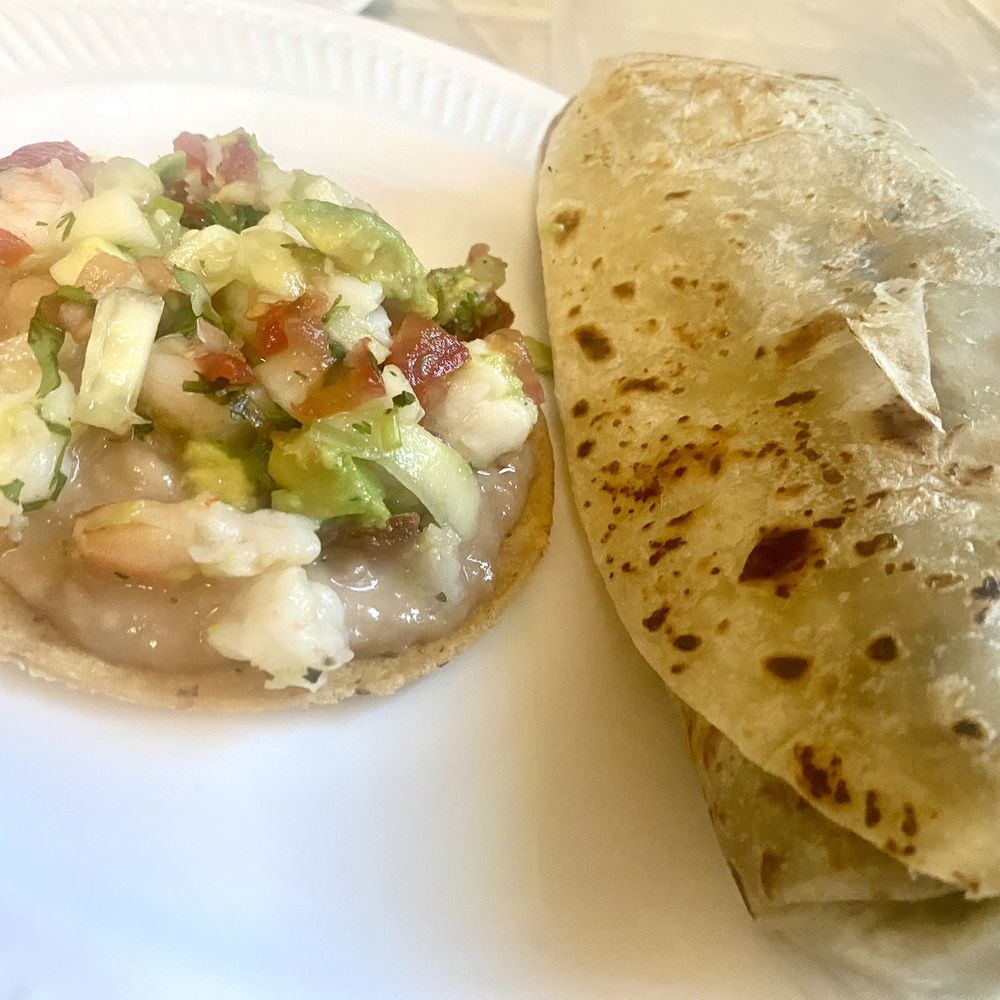 Shrimp Tostada and super burrito w/Chile Verde