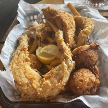 The Blue Gator - Seafood trio white fish frog legs and scallops with hush puppies - Seafood Near Me - Dunnellon, Florida The Blue Gator - Seafood trio white fish frog legs and scallops with hush puppies - Seafood Near Me - Dunnellon, Florida