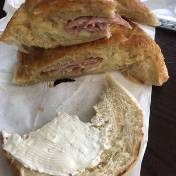 Bellflower Bagels & Java - Ham & cheese croissant & half of the bagel with cream cheese - Bagels Near Me - Bellflower, California