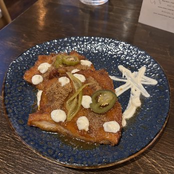 Restaurant Aleksandar - Chicken Schnitzel: beer mustard aioli, pickled mustard seeds, hot honey jus - Modern European Near Me - Philadelphia, Pennsylvania