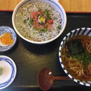 I-NABA - Tuna and Shirasu Bowl & Soba: chopped tuna, baby anchovies, raw quail egg & green onions over rice, served w/a half size kake soba - Japanese Near Me - Honolulu, Hawaii I-NABA - Tuna and Shirasu Bowl & Soba: chopped tuna, baby anchovies, raw quail egg & green onions over rice, served w/a half size kake soba - Japanese Near Me - Honolulu, Hawaii
