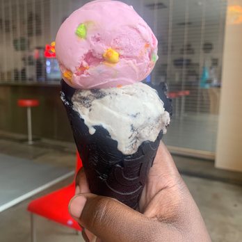 POST Houston - Unicorn tracks (cotton candy ice cream with Lucky Charm marshmallows) and Oreo cereal milk in a charcoal cone - Music Venues Near Me - Houston, Texas POST Houston - Unicorn tracks (cotton candy ice cream with Lucky Charm marshmallows) and Oreo cereal milk in a charcoal cone - Music Venues Near Me - Houston, Texas