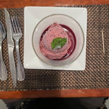 JO2 Natural Cuisine - Yuzu cheesecake with blueberry sorbetto. - Asian Fusion Near Me - Kapaa, Hawaii