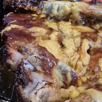 Johnson's BBQ - Pork Ribs (a healthy slab) slathered in BBQ sauce and Homemade Mustard sauce - Barbeque Near Me - Bronx, New York