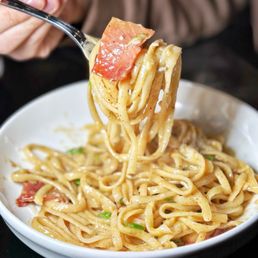 a person holding a fork full of pasta a person holding a fork full of pasta
