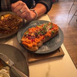 Muhammara and banana pancakes