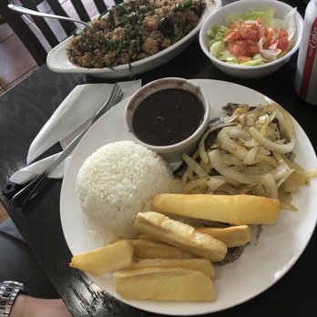El Cilantro Restaurant - Tropeiro, beef and onions, yuca, rice, black beans and salad. So delicious. - Puerto Rican Near Me - Matthews, North Carolina El Cilantro Restaurant - Tropeiro, beef and onions, yuca, rice, black beans and salad. So delicious. - Puerto Rican Near Me - Matthews, North Carolina