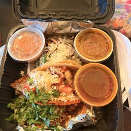 3 Taco Plate - shrimp, Quesabirria Taco and burnt end taco - came with rice, beans and consommé - $27