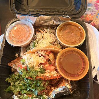 En Fuego Cantina - 3 Taco Plate - shrimp, Quesabirria Taco and burnt end taco - came with rice, beans and consommé - $27 - Tacos Near Me - Aurora, Colorado