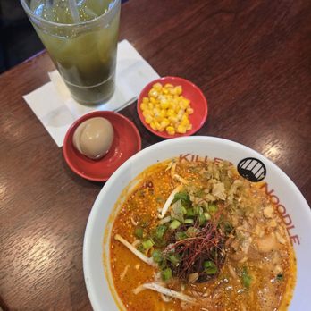 Killer Noodle - Lunch special combo with tokyo dandan, seasoned egg and corn. Iced matcha to drink. - Ramen Near Me - Los Angeles, California