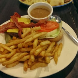 Bacone cheeseburger with fries and gravy Bacone cheeseburger with fries and gravy