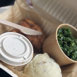 HomeGrown - The Buttermilk Chicken with mushroom gravy is the best! Make sure you get the Sauteed Sesame Greens and Mashed Taters
