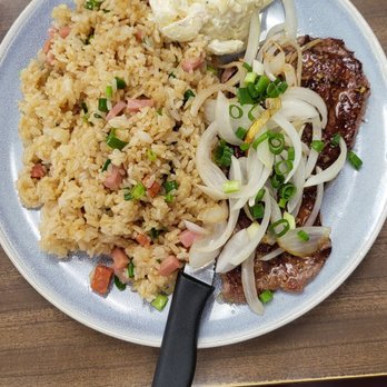 Waipahu Cafe - Steak plate with fry rice Steak rubbery/Chewy. - Diners Near Me - Waipahu, Hawaii