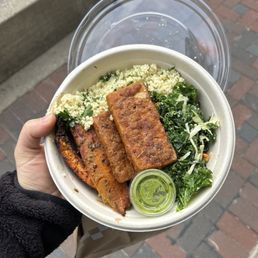 Tofu, cous cous, kale Caesar, carrot bowl