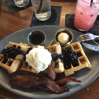 Pearl Tavern - Belgian waffles with blueberry lemon compote - New American Near Me - Lee's Summit, Missouri Pearl Tavern - Belgian waffles with blueberry lemon compote - New American Near Me - Lee's Summit, Missouri