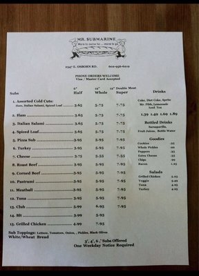Menu photo 6 Mr Submarine Phoenix, AZ