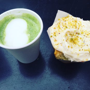 Baked & Wired - Matcha green tea latte 8oz small cup & pistachio cupcake - Bakeries Near Me - Washington, DC, District of Columbia