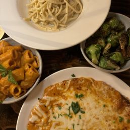 Chicken parm with vodka pasta, Spaghetti Cacio & Pepe, Brussels Chicken parm with vodka pasta, Spaghetti Cacio & Pepe, Brussels