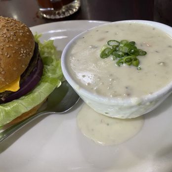 Crockett Cocina - 1/3 lb burger with clam chowder - Seafood Near Me - Crockett, California Crockett Cocina - 1/3 lb burger with clam chowder - Seafood Near Me - Crockett, California