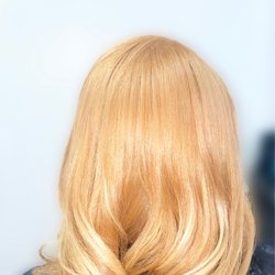 Delectable Hair Designs Beauty Salon - Blonde haircolor with balayage ombre highlights and silkpress on natural hair