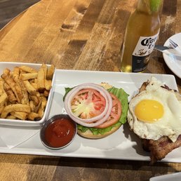 BUCKET LIST BURGER half pound beef patty, signature bbq sauce, cheddar & swiss cheese, bacon slices, fried egg, BUCKET LIST BURGER half pound beef patty, signature bbq sauce, cheddar & swiss cheese, bacon slices, fried egg,