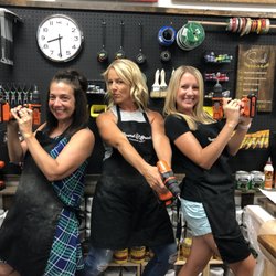 Board & Brush Creative Studio - Having Fun in the studio!! Power tools and Wine! :)