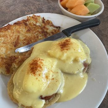 My-Kitchen - Eggs Benedict (w/ham + hash browns + seasonal fruit) - Breakfast & Brunch Near Me - San Jose, California My-Kitchen - Eggs Benedict (w/ham + hash browns + seasonal fruit) - Breakfast & Brunch Near Me - San Jose, California