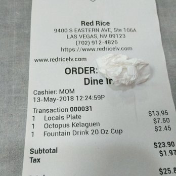 Red Rice - Our receipt with order time stamp - Barbeque Near Me - Las Vegas, Nevada