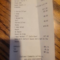 Uno Pizzeria & Grill - Reciept from Unos