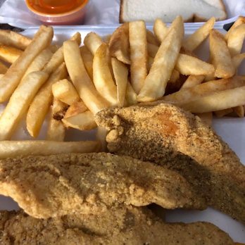 Harvey's Fish Hut - Catfish entree with 2 sides (I chose both as fries) and bread :) - Seafood Near Me - Pearl, Mississippi
