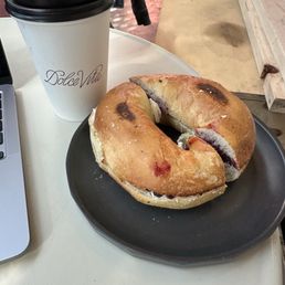 Decaf Americano and Blueberry Cream Cheese Bagel