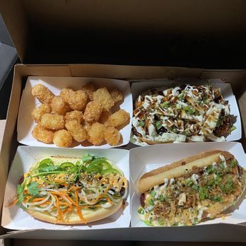 Sumo Dog - (Top, left to right) Tots, Miso Katsu (Bottom, left to right) Bacon Banh Mi, Godzilla - Fast Food Near Me - Indio, California Sumo Dog - (Top, left to right) Tots, Miso Katsu (Bottom, left to right) Bacon Banh Mi, Godzilla - Fast Food Near Me - Indio, California