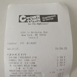 CTown Supermarkets - Cashier 155 Kisairy set the tone by throwing the grocery divider in my direction but she did say " thank you" when handing me the receipt.
